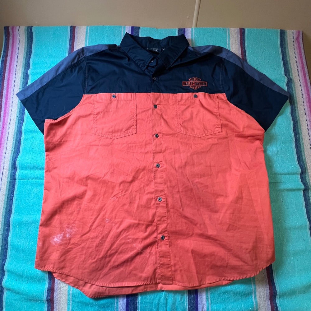 Harley-Davidson Button Up Shirt Mens 4XL Orange Black Colorblock Logo Shirt